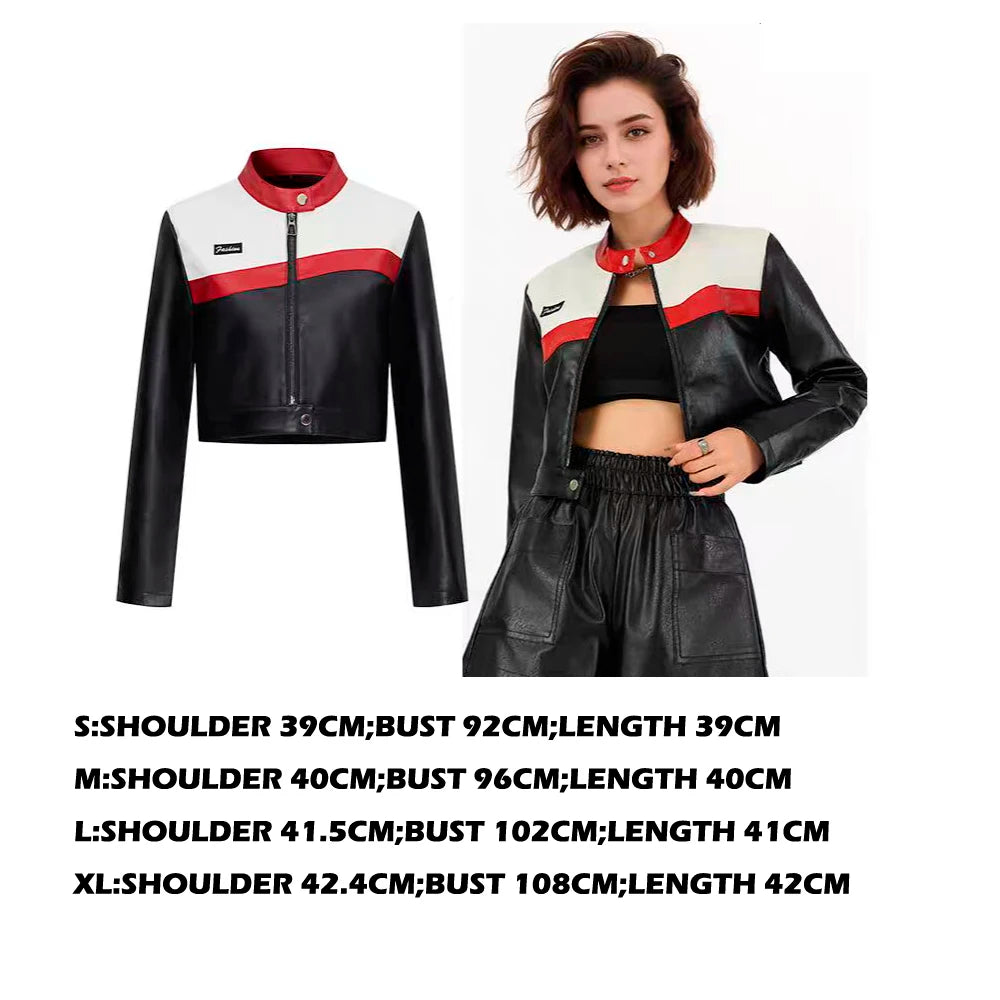 Sexy Moto Cropped PU Leather Jackets for Women 2025 Spring Fashion Striped Contrast Long Sleeve Asymmetric Short Coat Y2K Female