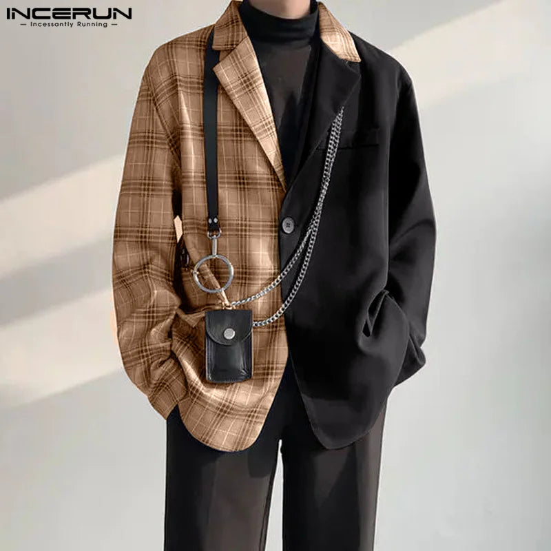 INCERUN Men Blazer Plaid Patchwork Lapel Long Sleeve One Button Casual