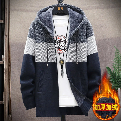 Men‘s Hooded Cardigan Knitted Sweater Winter Thick Fleece Warm Casual