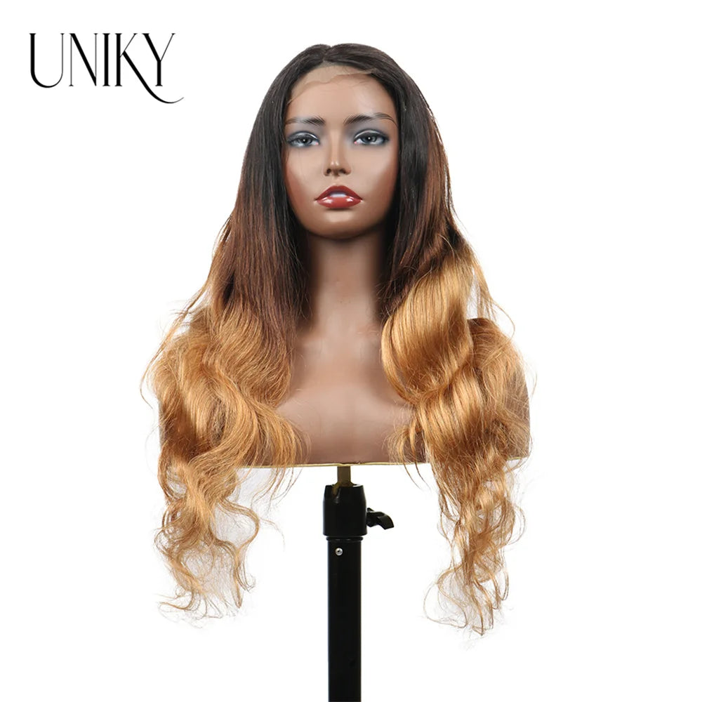 Ombre Lace Front Wig Highlight Ombre Body Wave Wig Pre-plucked Pre-layered Pre-styled 13x4 Lace Wigs for Black Women 1b/4/27