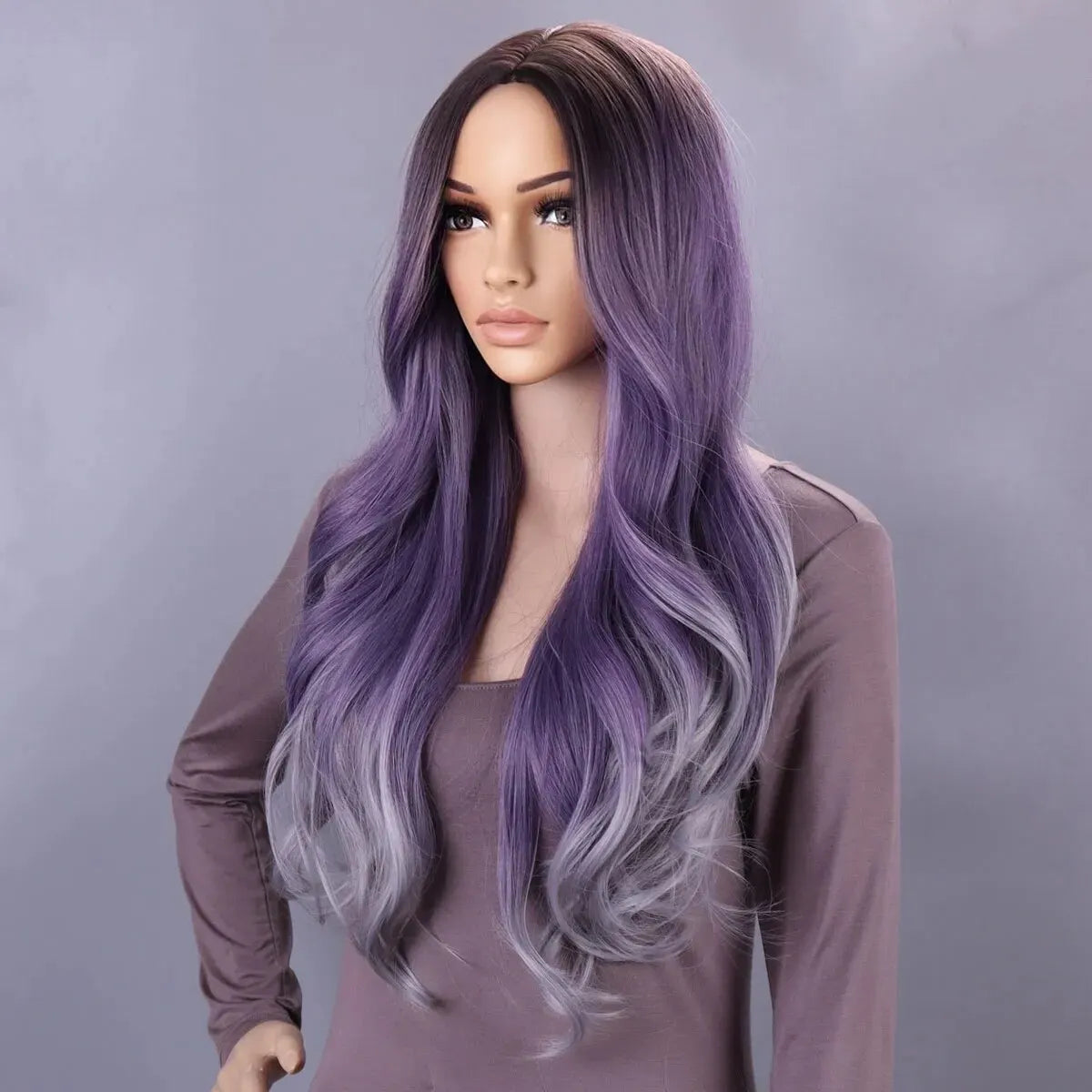 Long Wavy Middle Part Wig Purple Natural Wigs for Women Heat Resistant Ombre Purple Gray Wig Daliy Party 28 Inch Synthetic Wigs