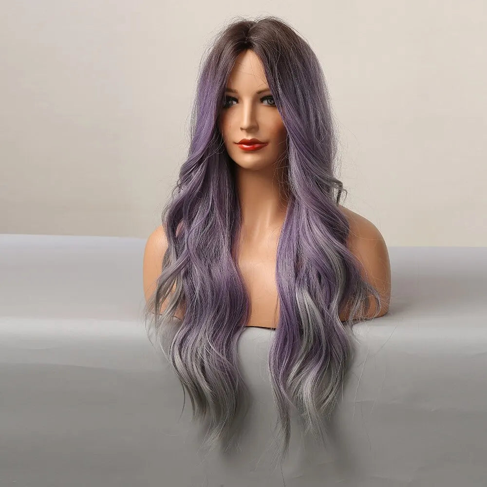 Purple Long Wavy Synthetic Wigs with Grey Ombre Natural Hair Wigs Middle Part for Women Cosplay Wigs Heat Resistant Fiber