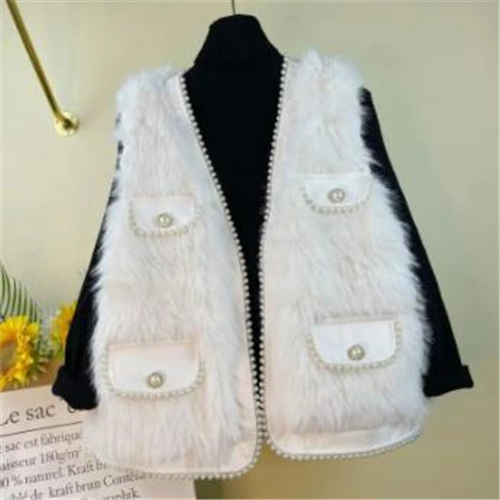 Women Imitation Fur Vest  Autumn Winter Pocket Beading Sleeveless Fur Jacket Plus Cotton Coat Lady Warm Soft Outwear Waistcoat