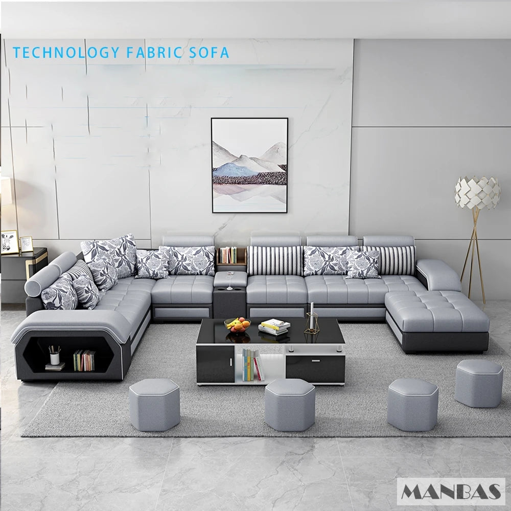 Linlamim Fabric Sofa Set Furniture Living Room Sofa Set with USB and Stools / Big U Shape Cloth Couch Sofas for Home Furniture