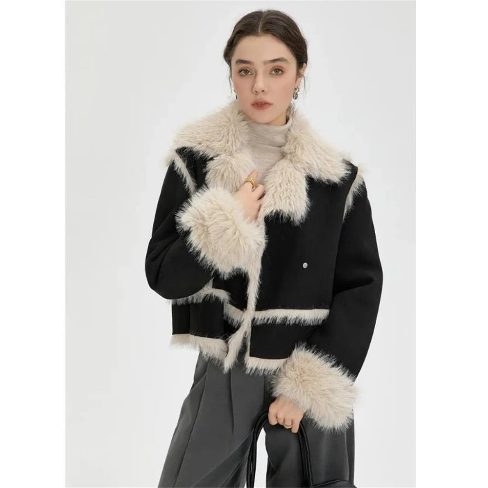 Imitation Rabbit Fur Lining Sheepskin Neck Short Coat Hot Selling Lnternet Celebrity Style Winter Women Imitation Leather Truly