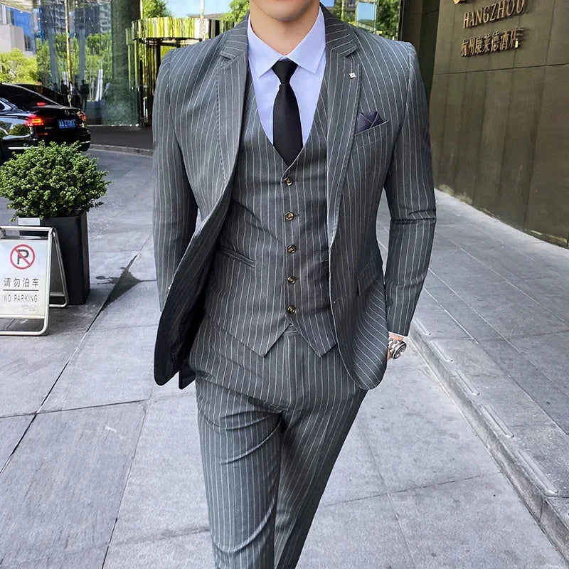 (Jackets+Vest+Pants) 2022 Men's Three-piece Suit/Male Slim Fit Cotton High Quality Business Blazers/Man Stripe Groom Dress S-5XL