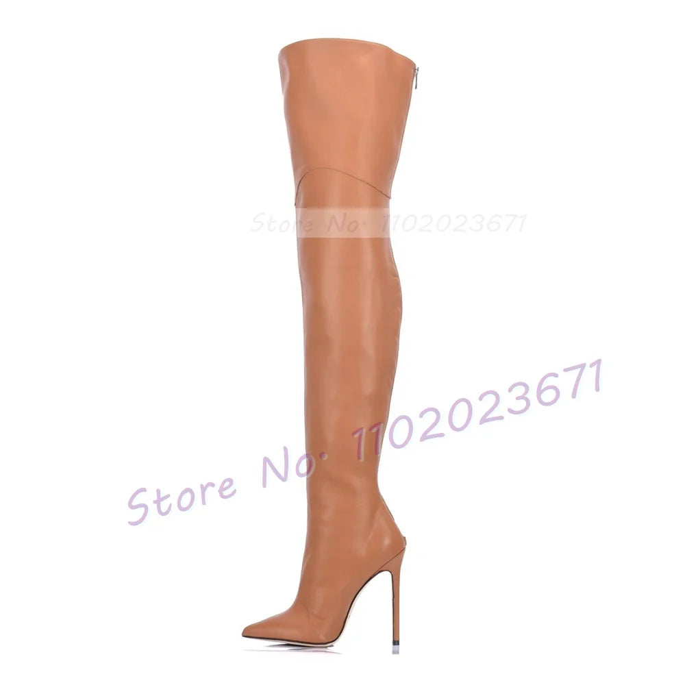 Pointy Thigh High Boots With Full Back Zipper Women Leather Splicing Slim Long Boots Ladies Sexy Casual High Heels Winter Shoes