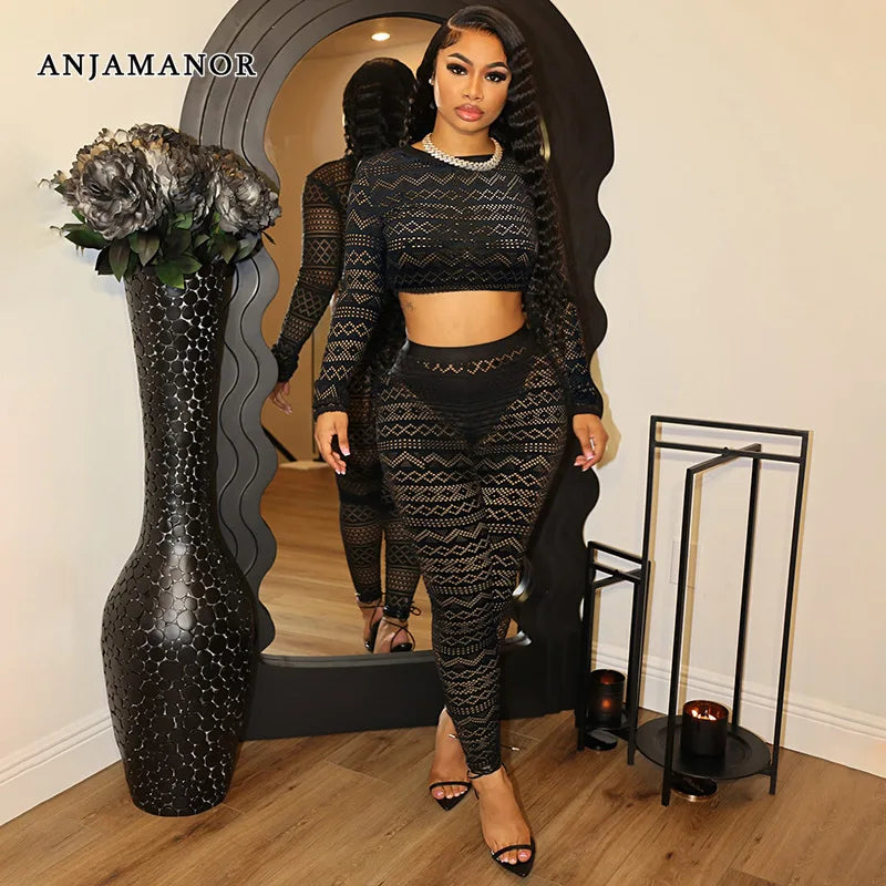 ANJAMANOR See Through Hollow Lace 2 Piece Set Black Long Sleeve Top and Pants Sets Fall Clothes 2024 Women Club Outfits D87-CE26