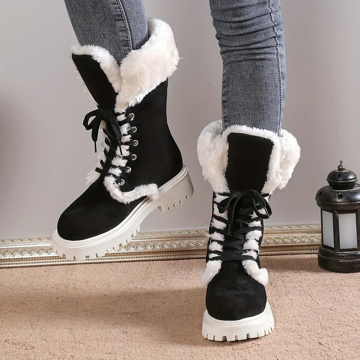 Women's Fleece Lined Snow Boots, Winter Warm Lace Up Flat Mid Calf Boots, Thermal Outdoor Chunky Boots