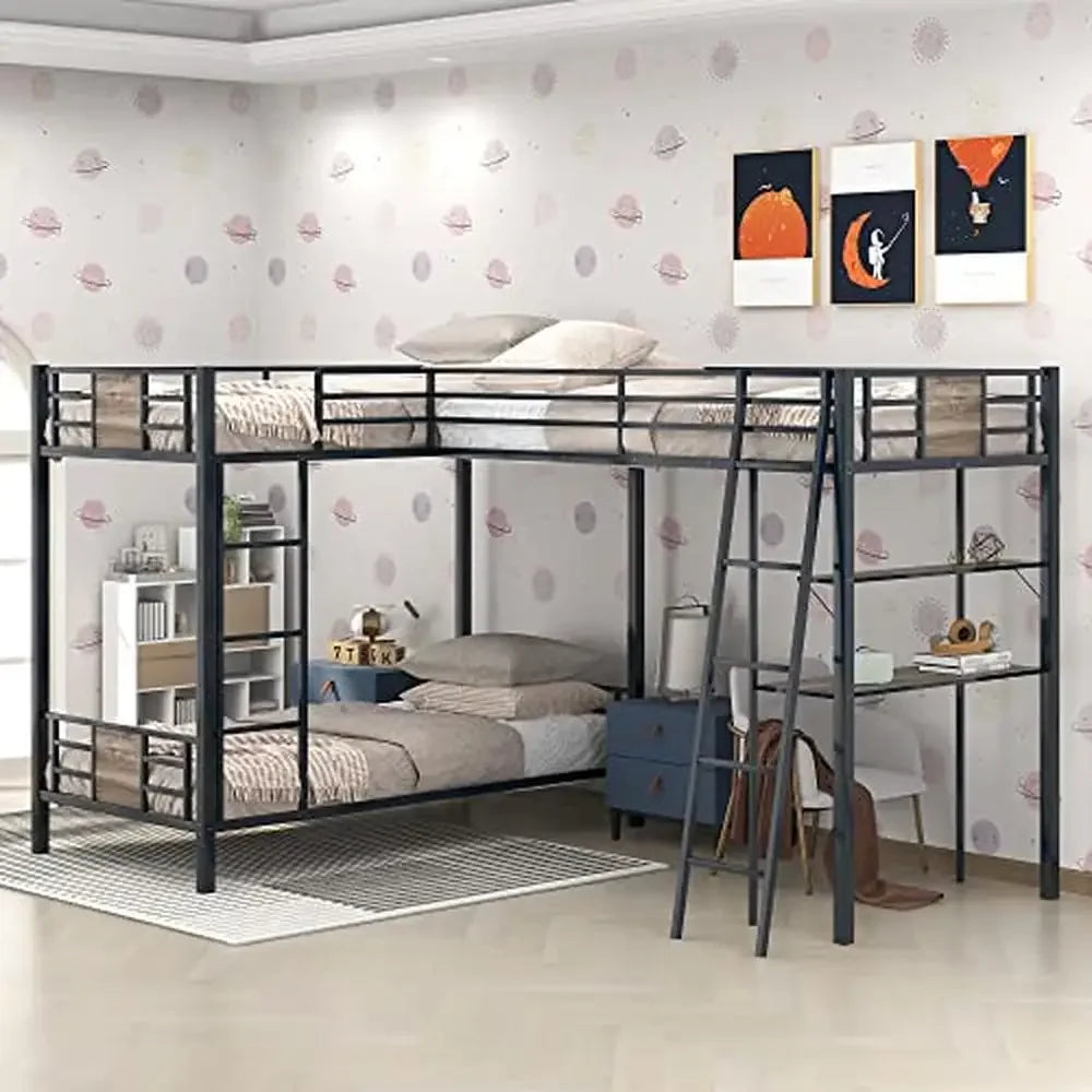 Triple Bunk Bed with Desk and Shelf Metal L-Shaped Twin Over Twin Loft Bed Space Saving Design Guardrail Safety Easy Assembly