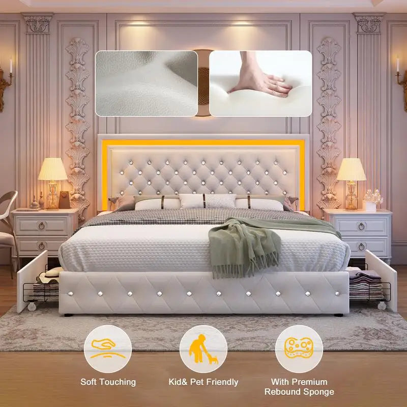 Queen Size LED Bed Frame with Adjustable Headboard,Smart Control RGBW Lights,4Storage Drawers,Upholstered,No Box Spring Needed