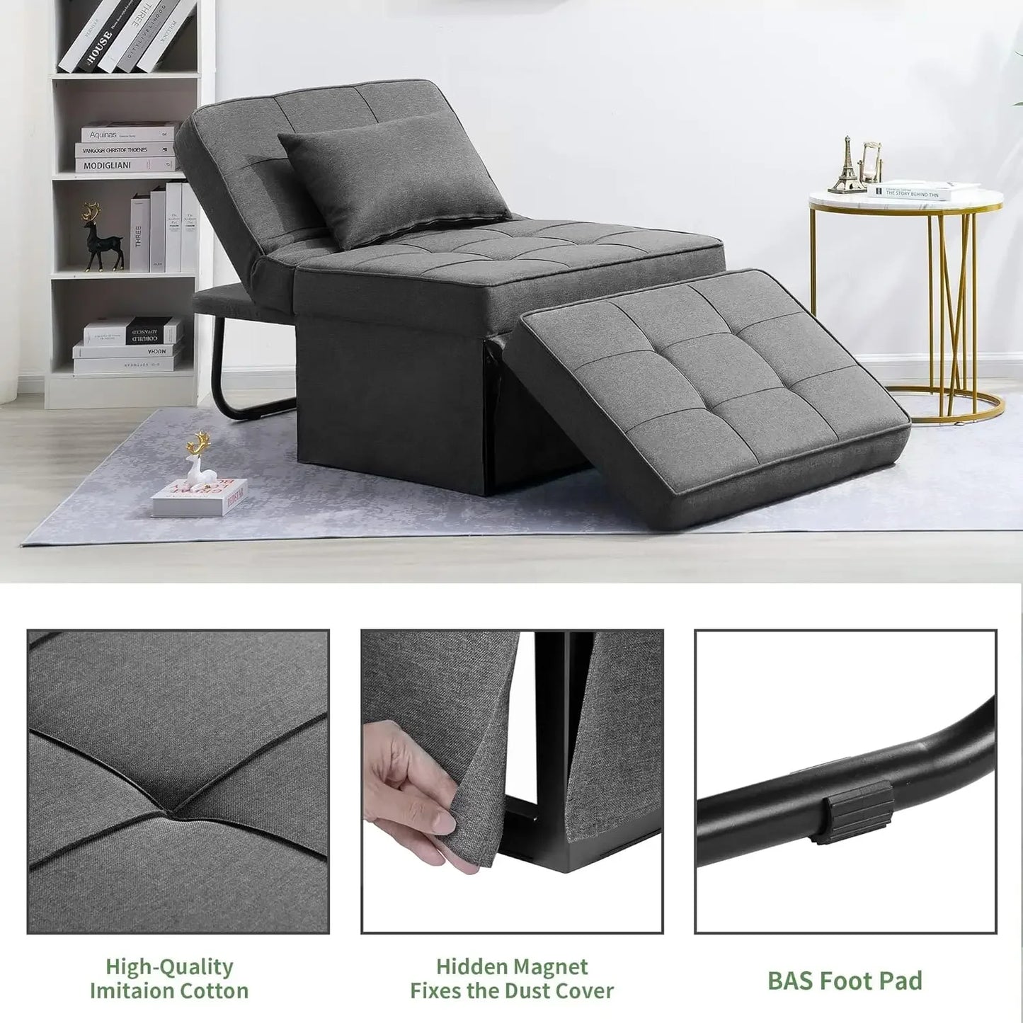 Sofa Bed, 4 in 1 Multi-Function Folding Ottoman Breathable Linen Couch Bed with Adjustable Backrest Modern Convertible