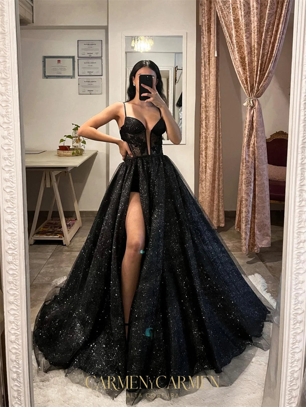 Jessica Black Glitter Red Carpet Dresses Sexy Spaghetti Straps And High Slit Evening Dresses Tulle Princess Party Dress Customized