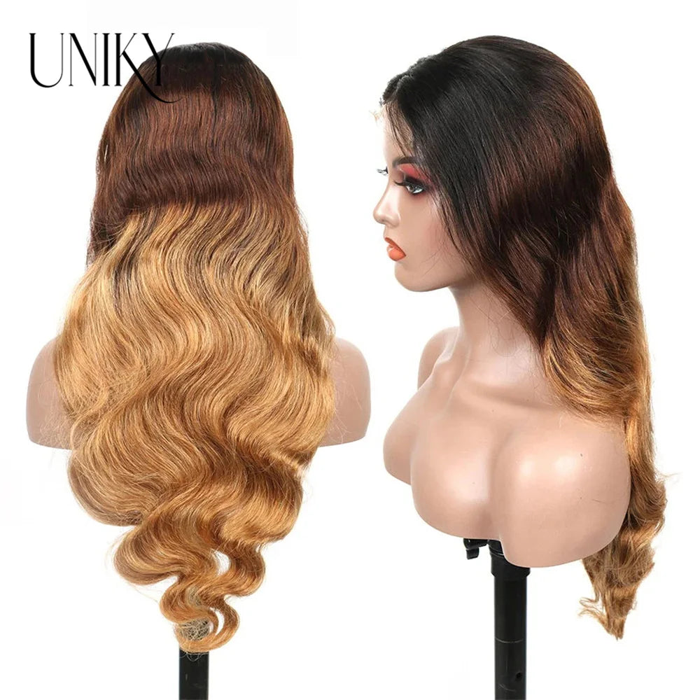 Ombre Lace Front Wig Highlight Ombre Body Wave Wig Pre-plucked Pre-layered Pre-styled 13x4 Lace Wigs for Black Women 1b/4/27