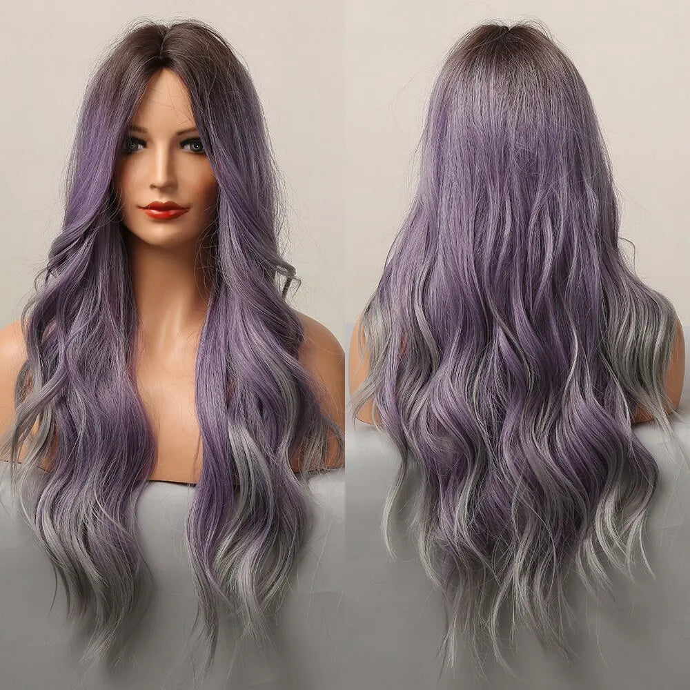 Purple Long Wavy Synthetic Wigs with Grey Ombre Natural Hair Wigs Middle Part for Women Cosplay Wigs Heat Resistant Fiber