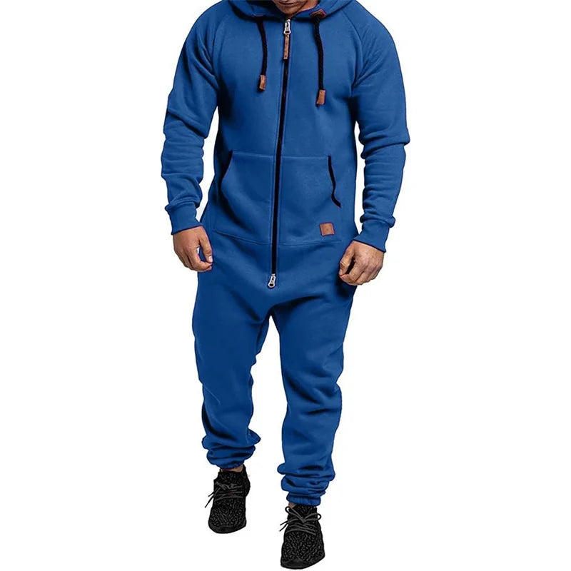 Men s Winter Hooded Jumpsuits with Pockets Warm Long Sleeve Full Zipper Up Overalls Sweatsuits with Drawstring