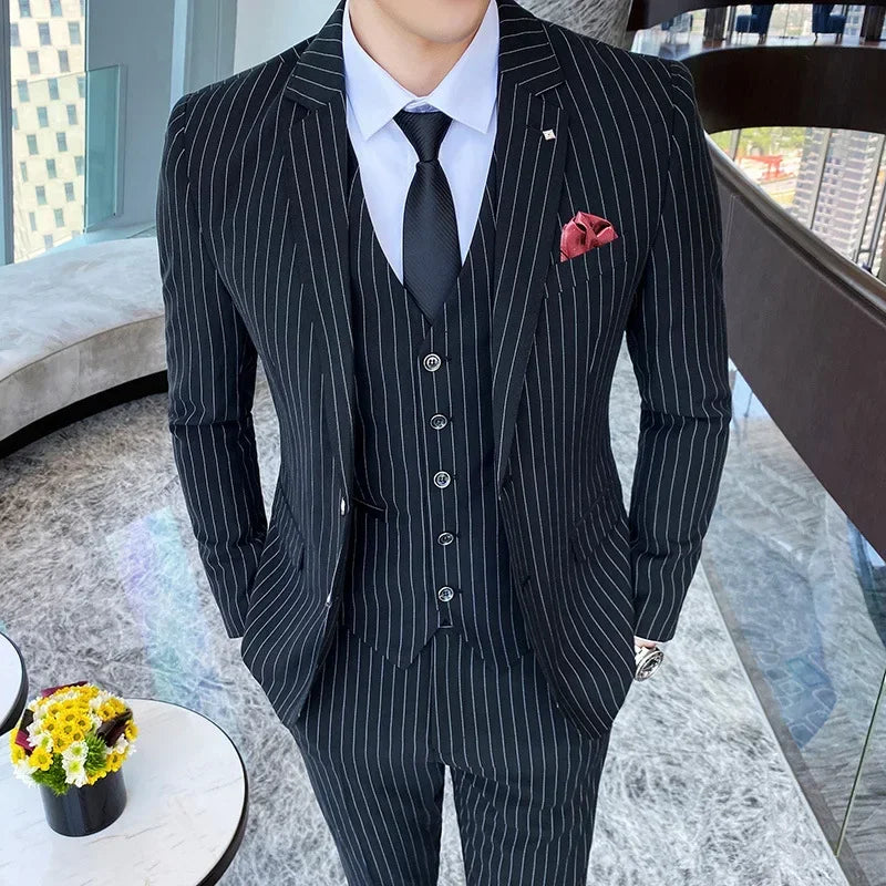 (Jackets+Vest+Pants) 2022 Men's Three-piece Suit/Male Slim Fit Cotton High Quality Business Blazers/Man Stripe Groom Dress S-5XL