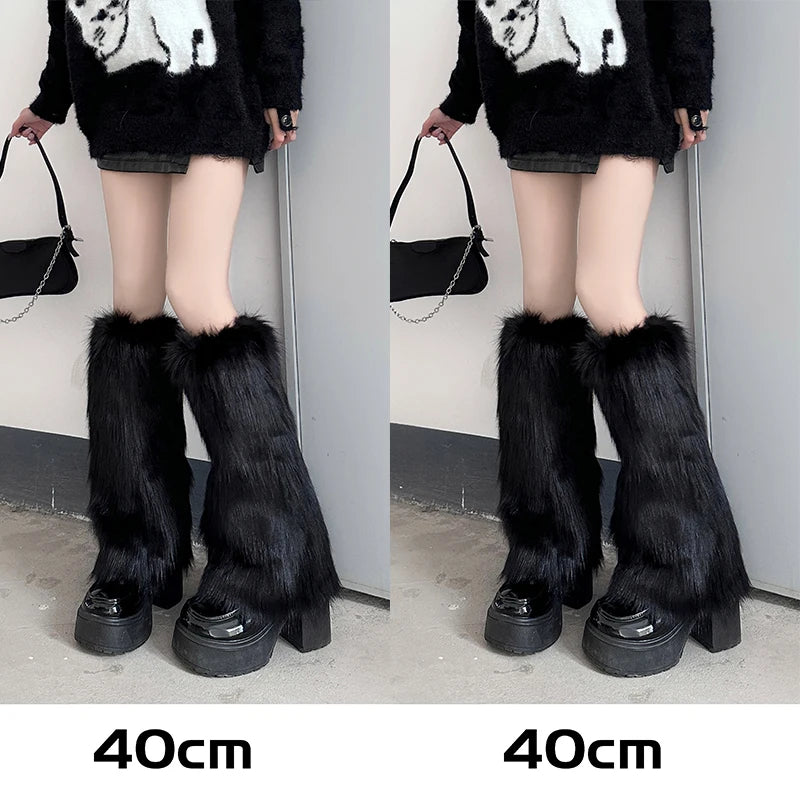 1/2pcs Furry Leg Warmers Y2K Goth White Faux Fur Leg Warmers Boot Covers Lady Cute Jk Knee-length Hipster Warm Sock Trendy Socks