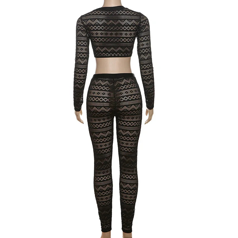 ANJAMANOR See Through Hollow Lace 2 Piece Set Black Long Sleeve Top and Pants Sets Fall Clothes 2024 Women Club Outfits D87-CE26