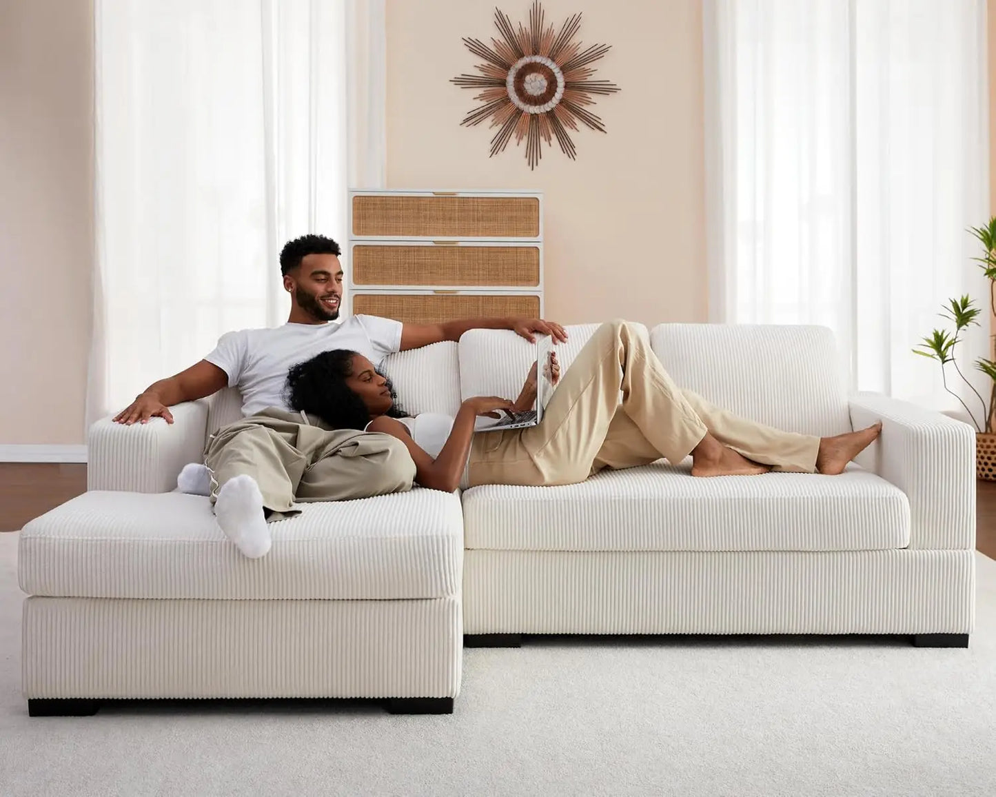 96 Sectional Sofa, Modern Couch with Chaise, Comfy Sofa Couch with Left Chaise, White Corduroy Sofa