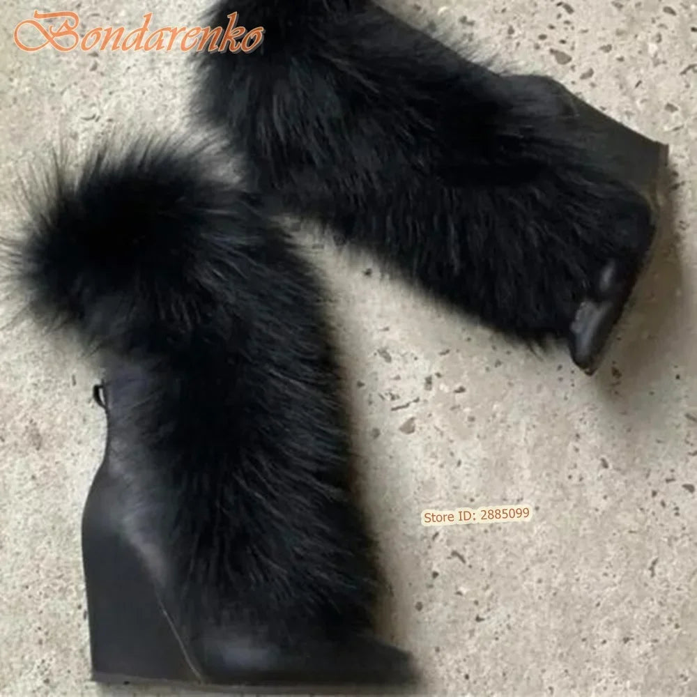 Fur Suede Wedges Boots Pointy Toe Solid Mid Calf Lace Up Straps Boots Women Sexu Shoes Winter Party Designer New Style Fashion