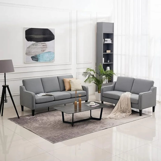 Mid-Century Modern Light Grey Loveseat and Sofa Set,53" Small Love Seat+71" Sofa Couch for Living Room,Bedroom,Apartment