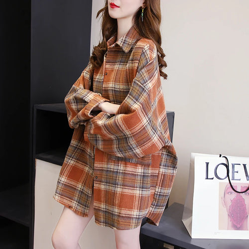 Plaid Shirt Women Autumn Long Sleeve Top Female Vintage Fashion Single