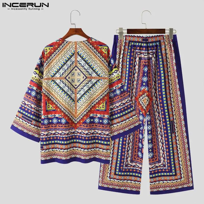 INCERUN 2024 American Style Stylish Sets Men's Three-quarter Sleeve Cardigan Pants Casual Male Ethnic Print Suit 2 Pieces S-5XL