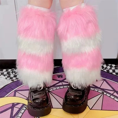 Gothic Women's Y2k Harajuku Punk Lolita Girls Subcultural Striped Contrasting Fur Insulation Faux Furry Socks Legs Warms covers