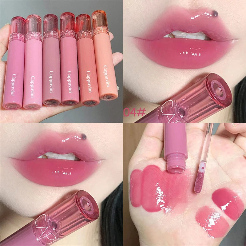 Waterproof Mirror Jelly Lip Glaze 6 Colors Water-light Lip Gloss Long Lasting Moisturising Glossy Red Tint Lips Makeup Cosmetics