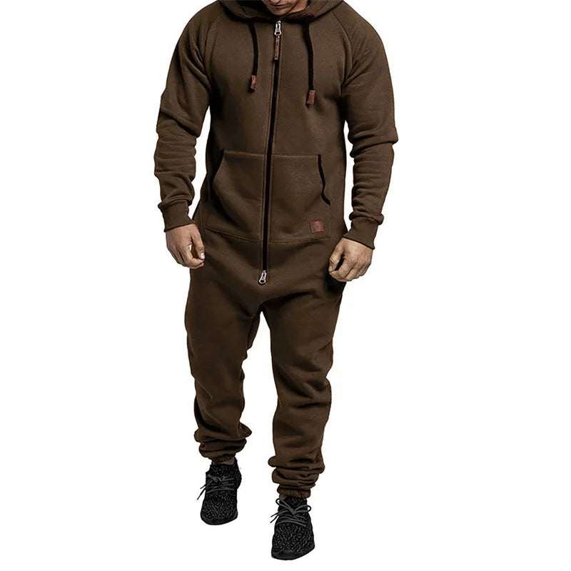 Men s Winter Hooded Jumpsuits with Pockets Warm Long Sleeve Full Zipper Up Overalls Sweatsuits with Drawstring