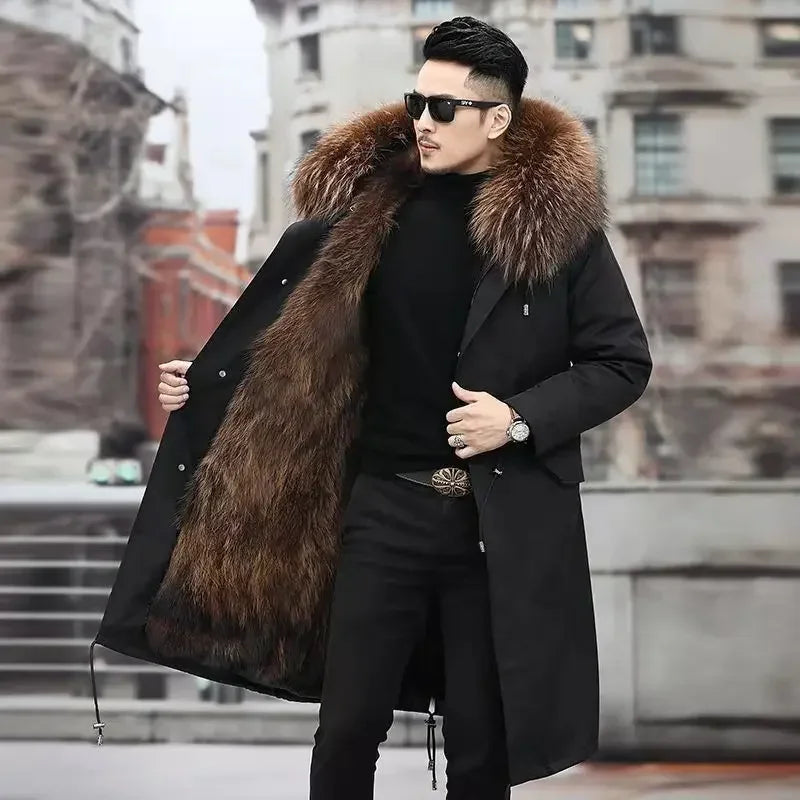 Bomber Jackets for Men Thick Warm Coat New Style Pie Overcomes Men’s Fur Mid-length Thick Warm Mink Fur Coat Fur One Detachable