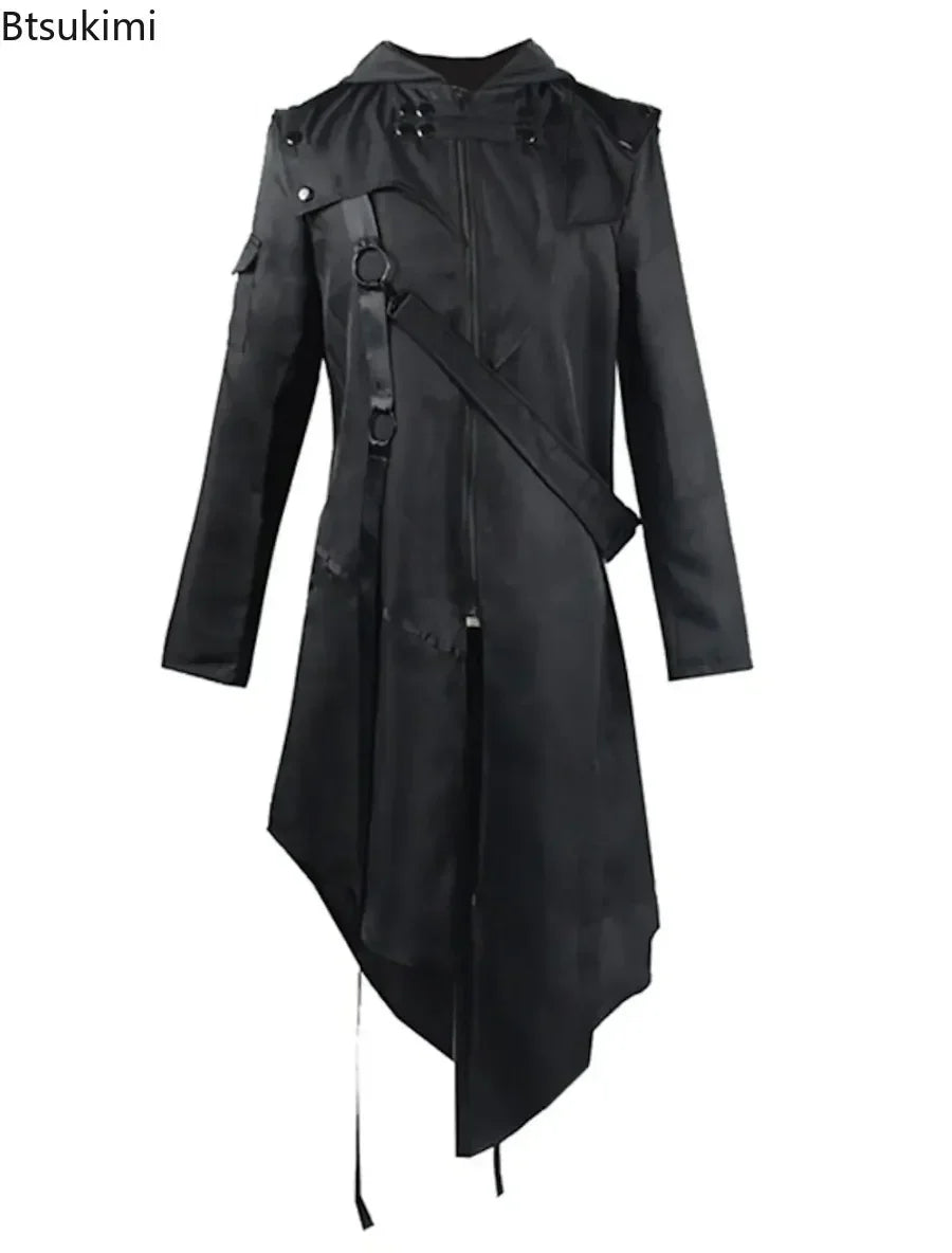 New 2024 Men's Punk Style Irregular Trench Coats Black Gothic Long