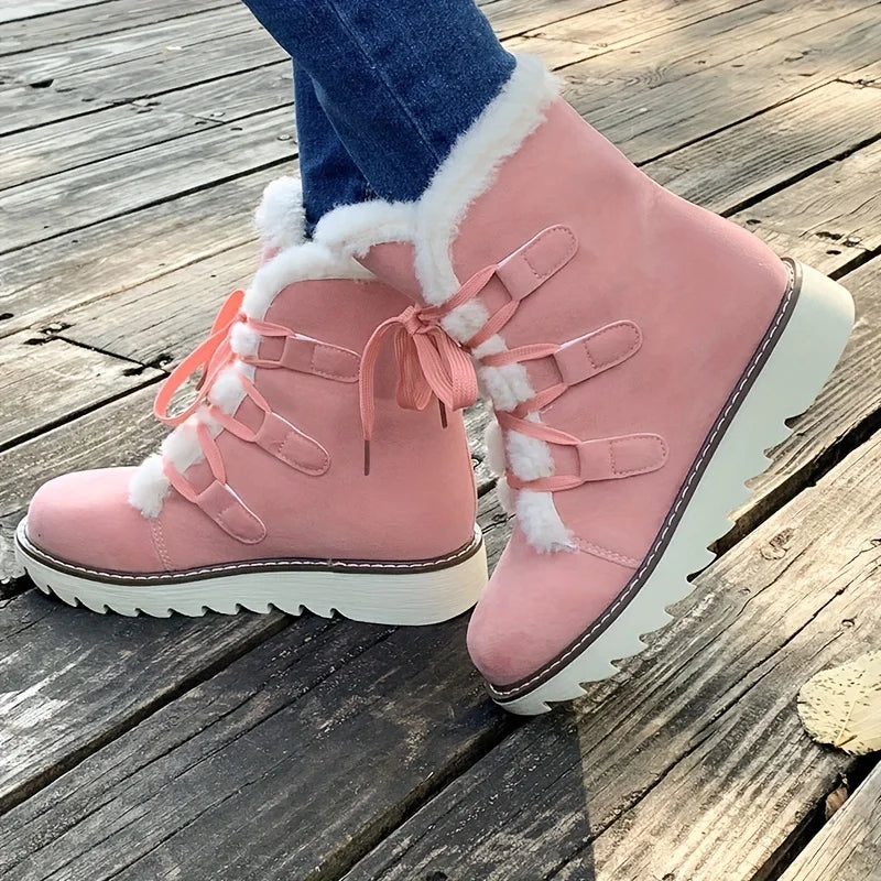 Women's Plush Lined Mid Calf Snow Boots - Waterproof Anti-Slip, Thermal Insulation Lace Up Outdoor Winter Boots for Cold Weather