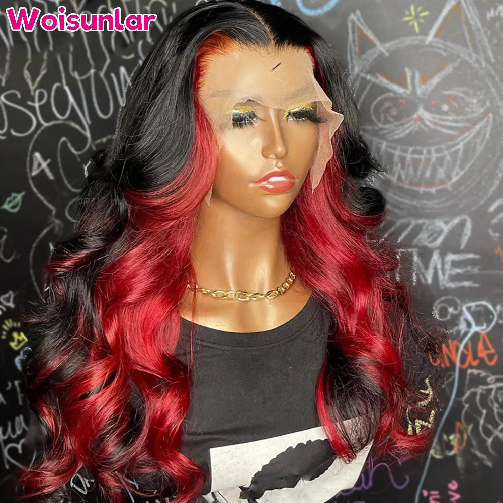 Ombre Red and Black Transparent 13x4 13x6 Body Wave Lace Frontal Wigs PrePlucked Glueless 6x4 Lace Closure human hair wigs 100%