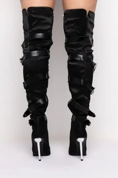 Over The Knee Stiletto Fashion Women Shoes Black Pointed Toe Belt Buckle Boots