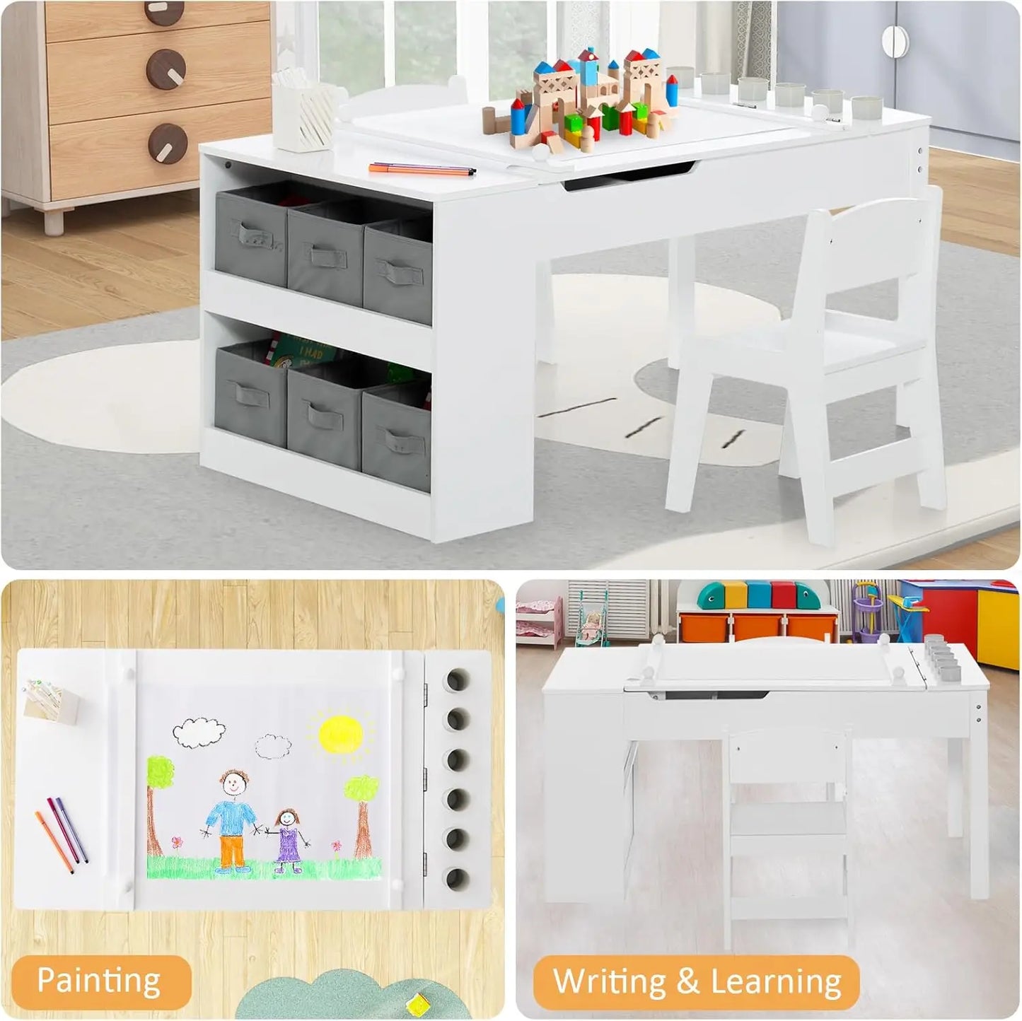 Table and Chair Set, Toddler Craft Play Wood Activity Desk with 2 Chairs Storage Canvas Bins Paper Roll for Writing Drawing, Chi