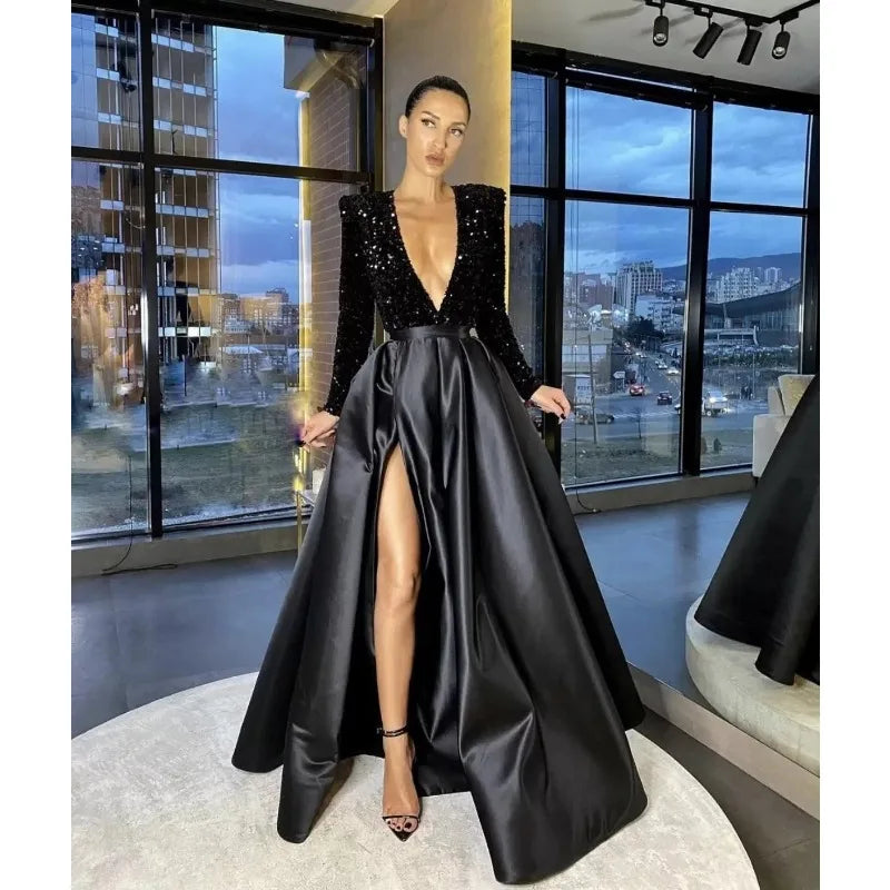 2024 Spring Summer New Women's Sexy One-Shoulder Long Sleeve Sequin V-neck Swing Sequined Split Dress Evening Dress