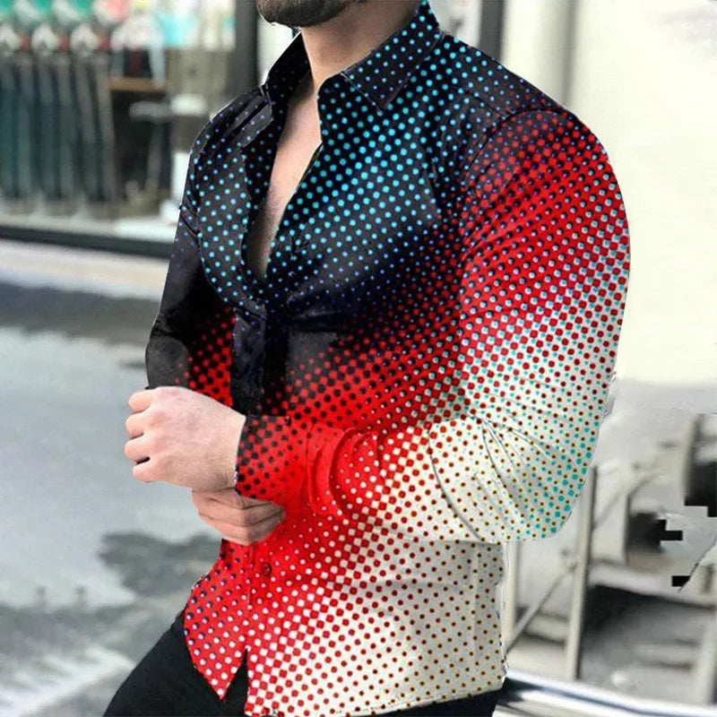 2023 Spring and Autumn fashion slim men's shirt top 3D totem polka dot lapel gradient color long-sleeved shirt clothing