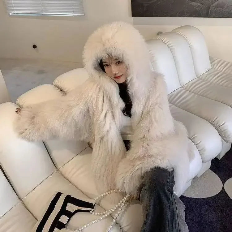 Faux Fur Jackets for Women Autumn Winter Short Bat Full Sleeve Hooded Coats Slim Spliced Thick Coat Loose Open Stitch Jacket