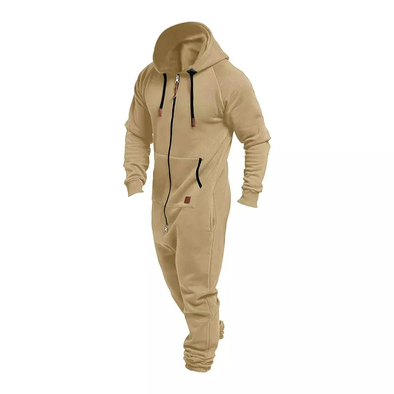 Men s Winter Hooded Jumpsuits with Pockets Warm Long Sleeve Full Zipper Up Overalls Sweatsuits with Drawstring