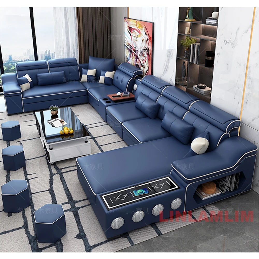 MANBAS Modern Scientific Cloth Sectional Sofa Set with Chaise Lounge, Bluetooth Speakers, and USB Charging Ports for Living Room