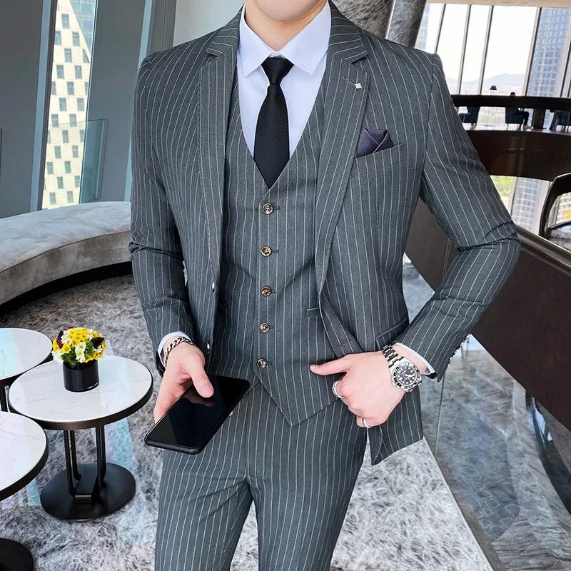 (Jackets+Vest+Pants) 2022 Men's Three-piece Suit/Male Slim Fit Cotton High Quality Business Blazers/Man Stripe Groom Dress S-5XL