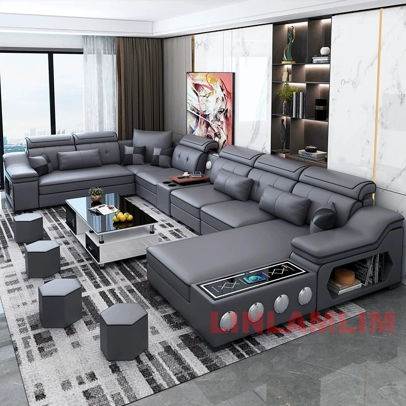 MANBAS Modern Scientific Cloth Sectional Sofa Set with Chaise Lounge, Bluetooth Speakers, and USB Charging Ports for Living Room