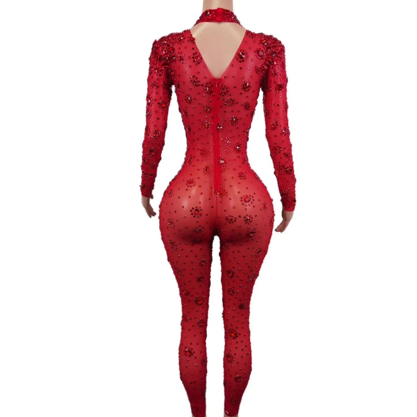 Sexy High-end Gorgeous Perspective Rhinestone Jumpsuit Long-sleeved Tights Nightclub Singer DJ Stage Performance Clothes Cuican