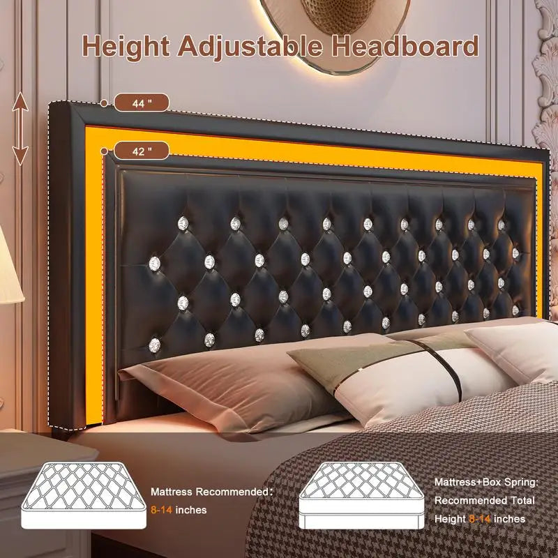 Queen Size LED Bed Frame with Adjustable Headboard,Smart Control RGBW Lights,4Storage Drawers,Upholstered,No Box Spring Needed