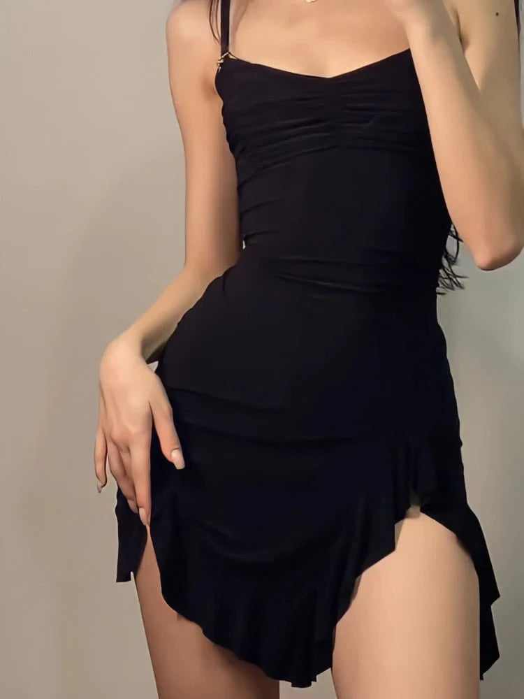 Women Sexy Side Slit Ruffled Mini Dress Sleeveless Spaghetti Strap