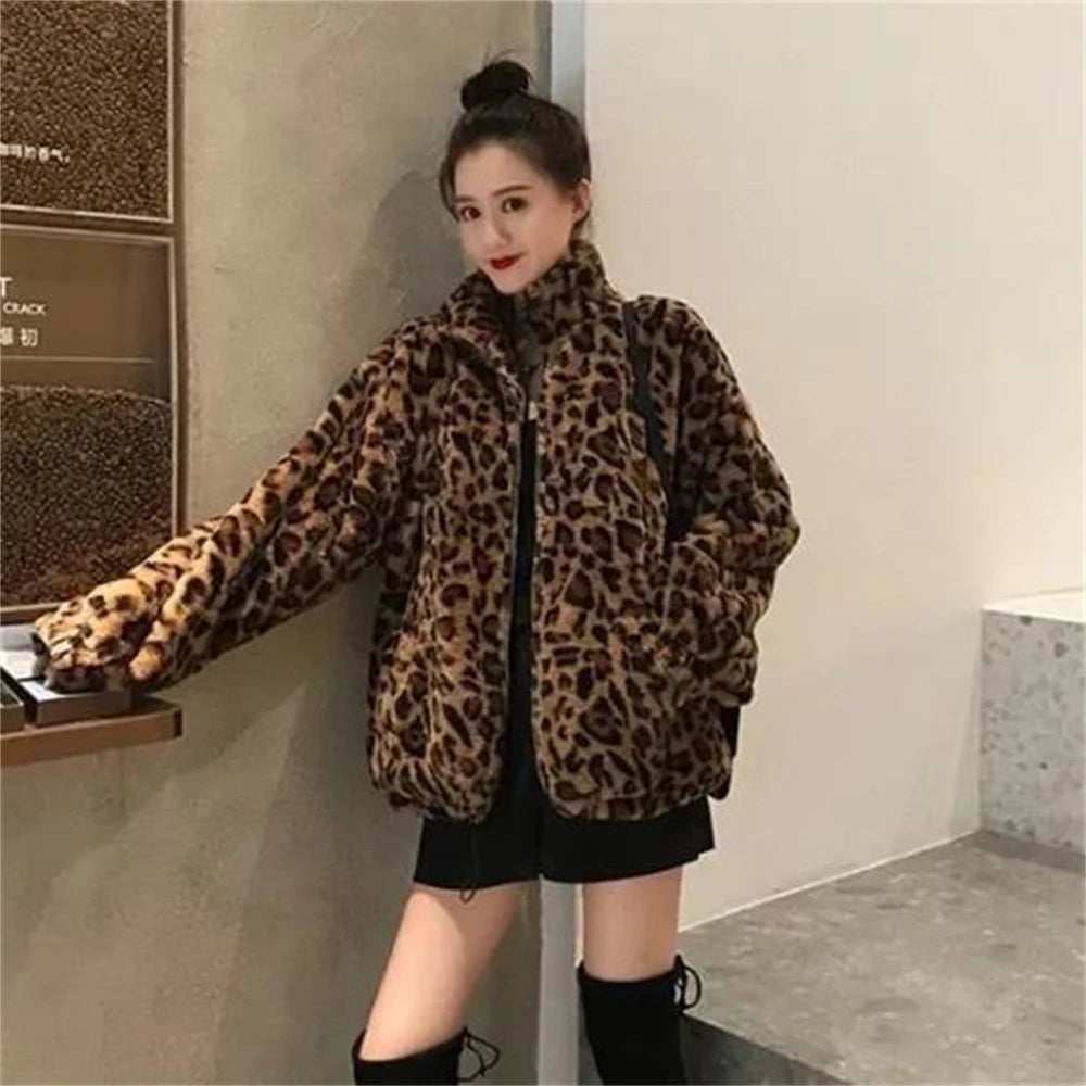 Women Warm Fur Outerwear Plush Jacket Women Winter Long 2024 New Korean Version Loose Lamb Wool Faux Fur Leopard Print Fur Coat