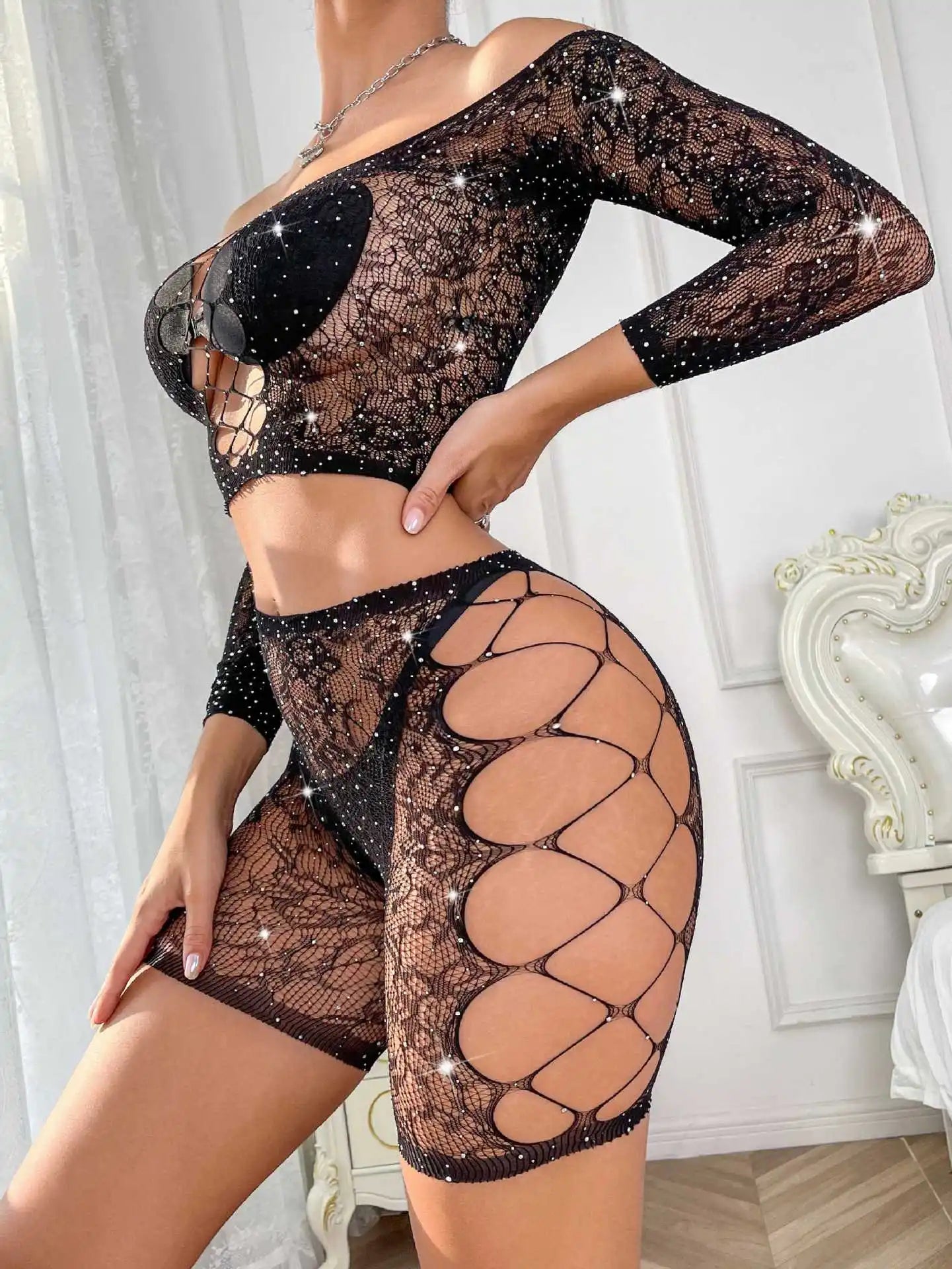 Girl 2 Pieces Rhinestone Bodysuit Rave Bodystocking Teddies Sexy Lingerie Pole Dancewear Erotic Stripper Outfit Nightbar Costume