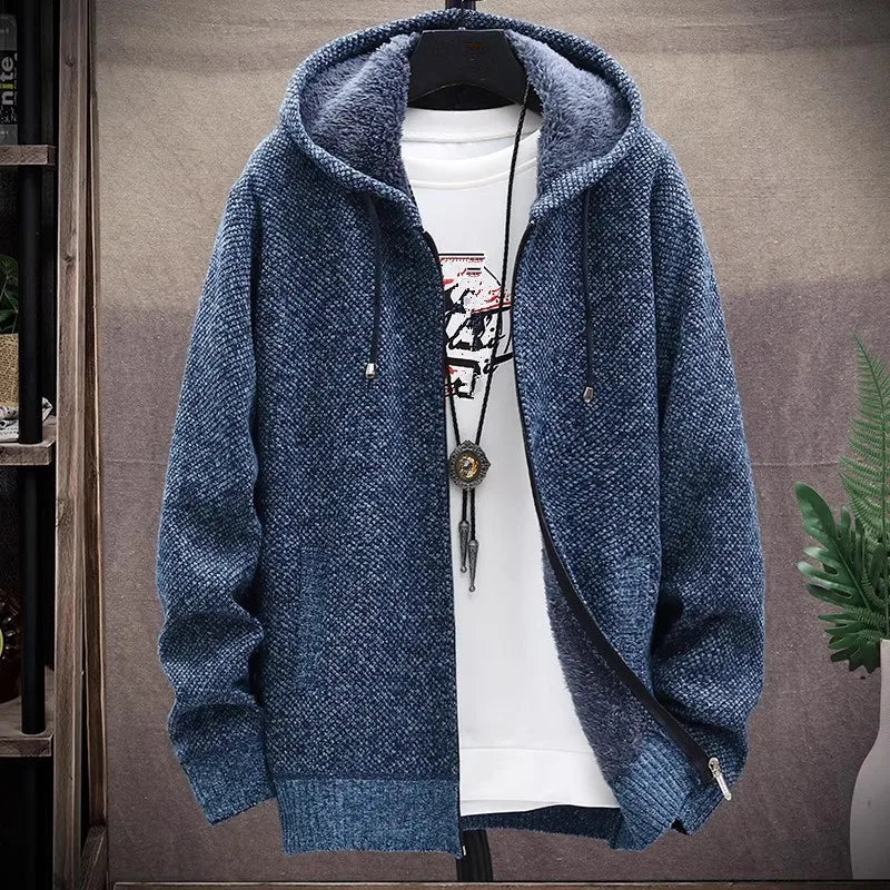 Men‘s Hooded Cardigan Knitted Sweater Winter Thick Fleece Warm Casual